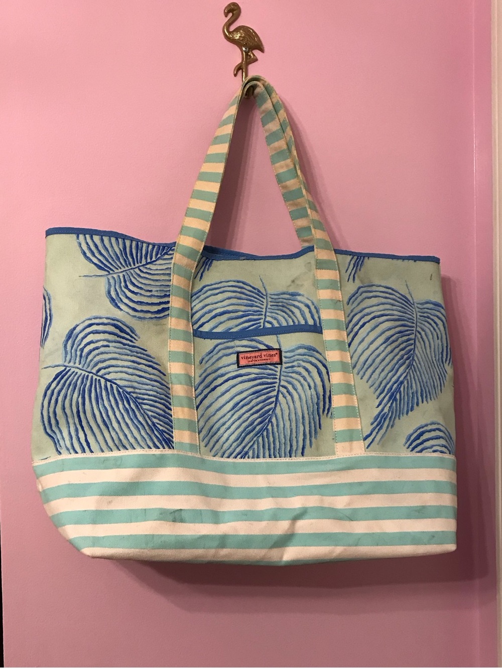 Vineyard Vines teal blue Leaf Print Large Canvas Tote with Striped Accents